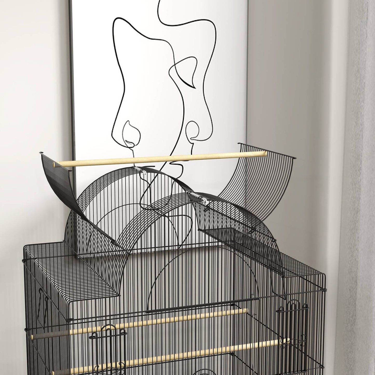 Large steel birdcage, with wheels and feeding station