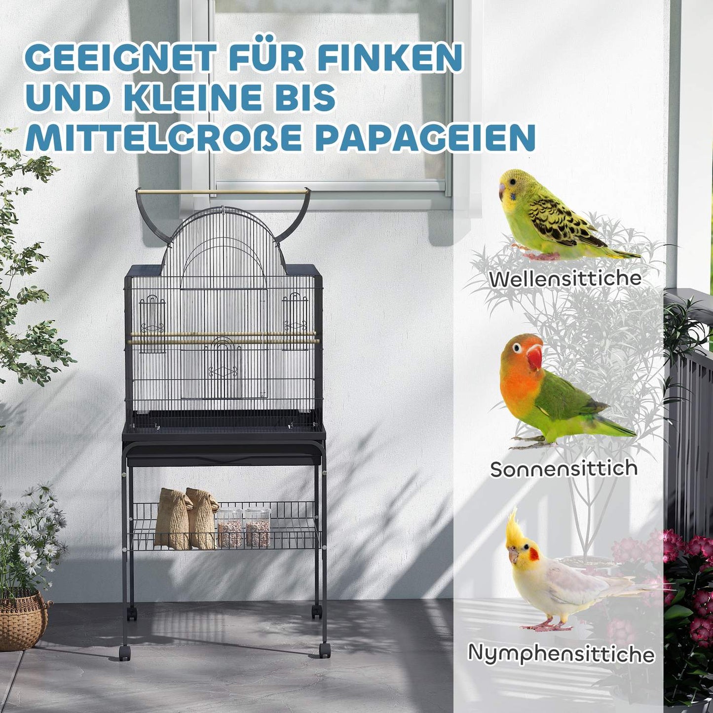 Large steel birdcage, with wheels and feeding station