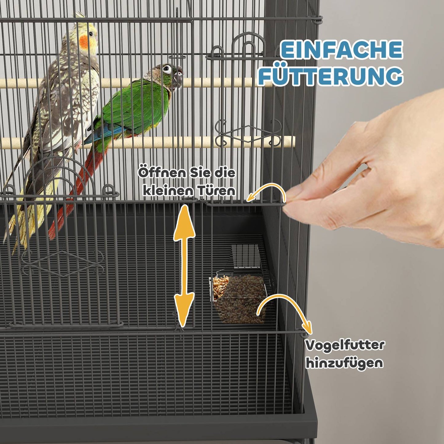 Large steel birdcage, with wheels and feeding station