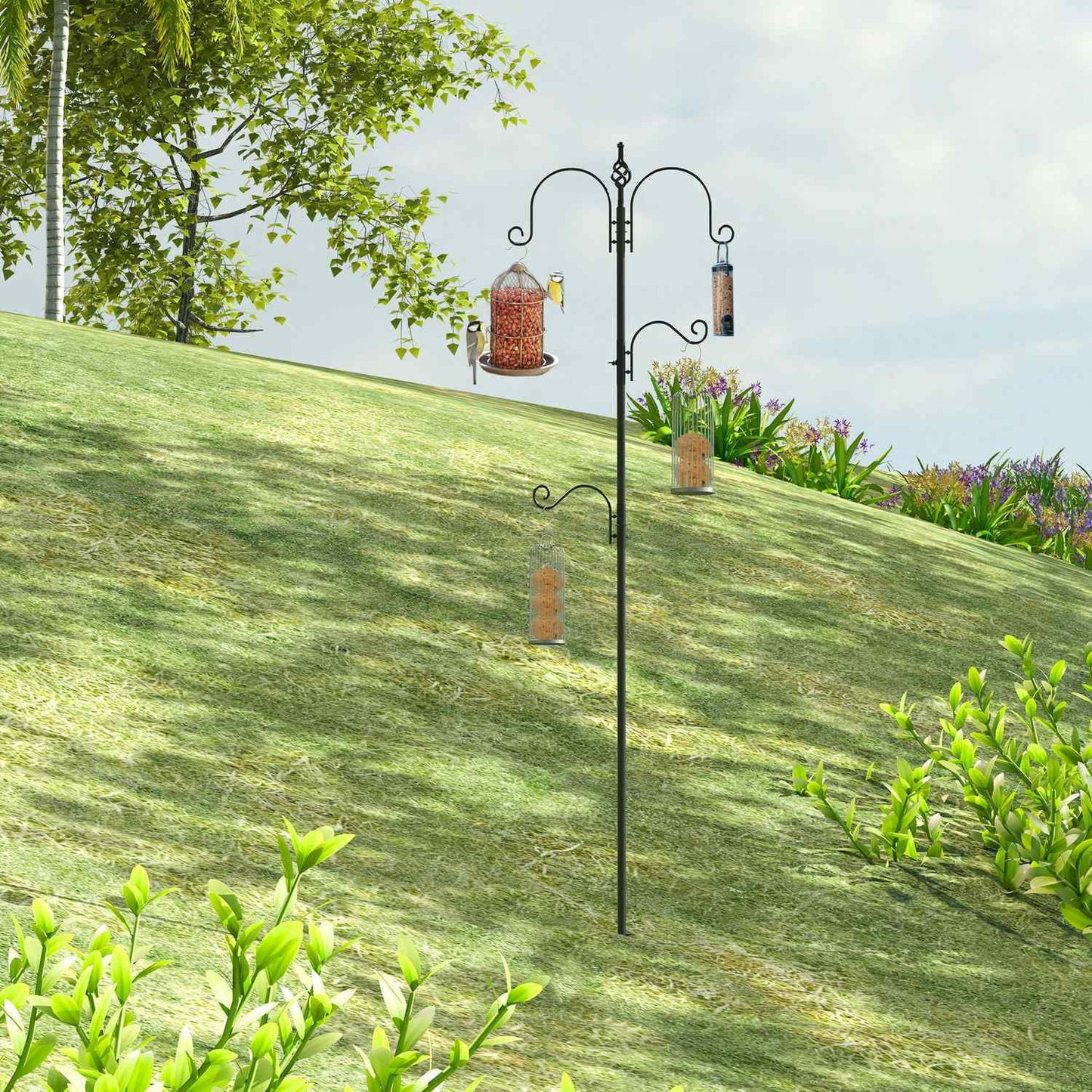 Black bird feeder, 4 hooks, 54.5 x 208 cm