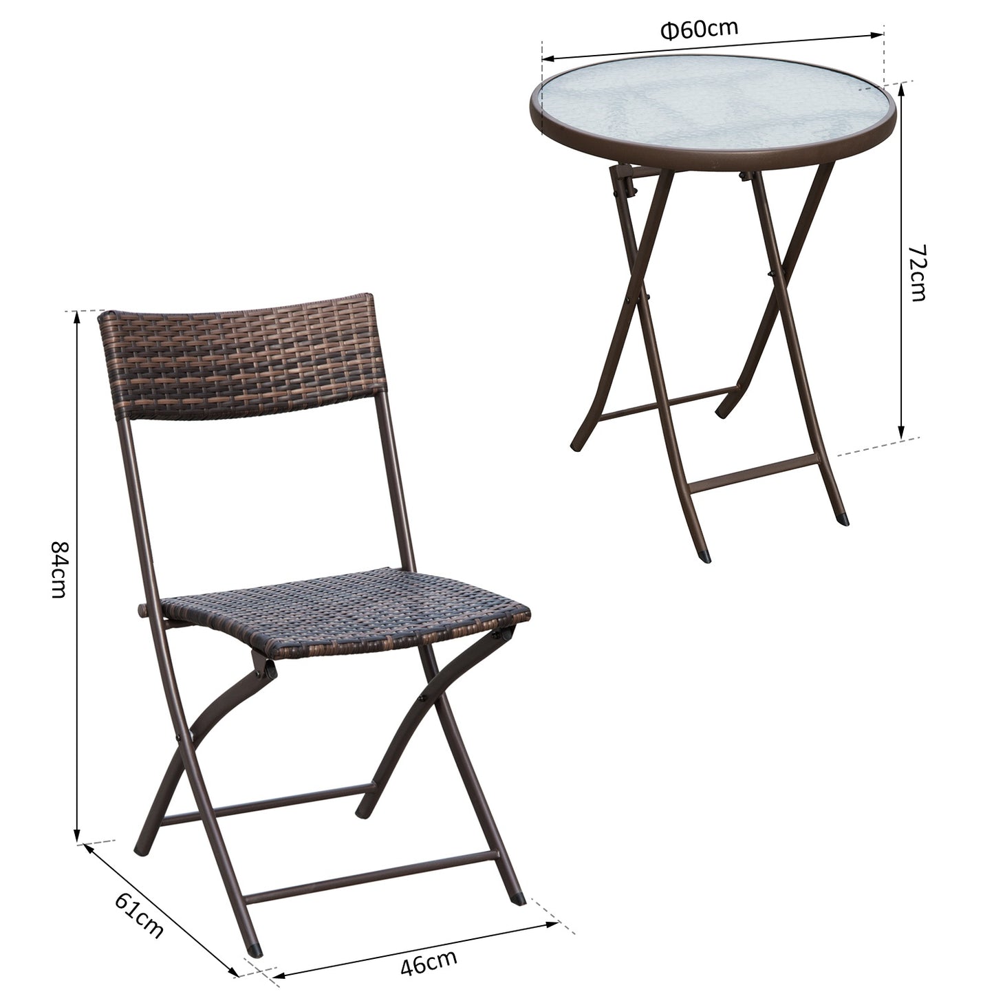 3-piece poly rattan folding bistro set for balcony - Brown