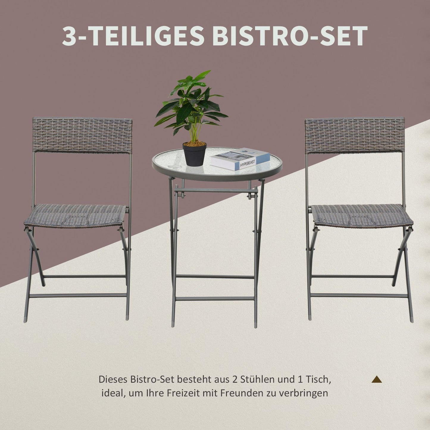 3-piece poly rattan folding bistro set for balcony - Brown
