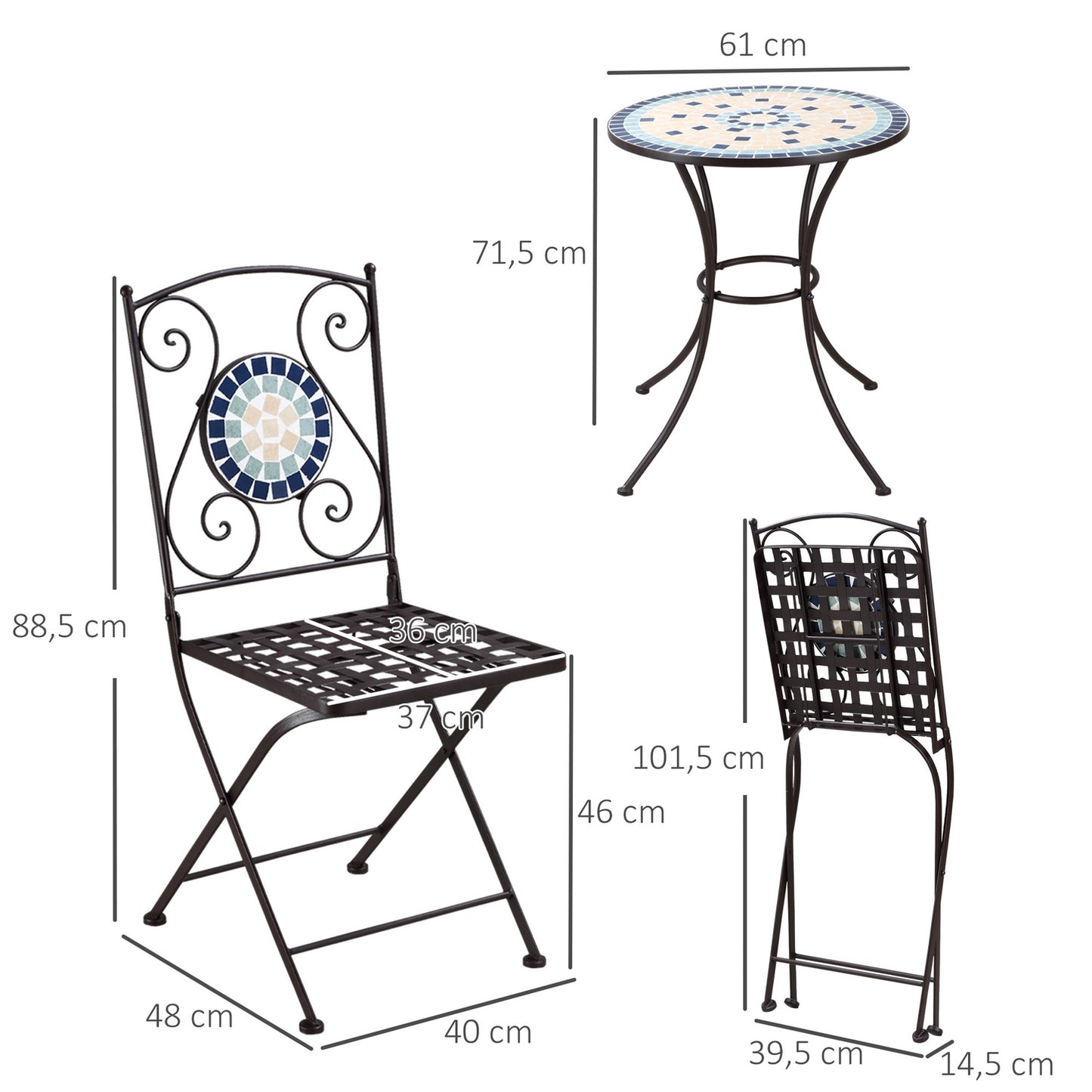 Bistro table set for 2, mosaic stone, weatherproof