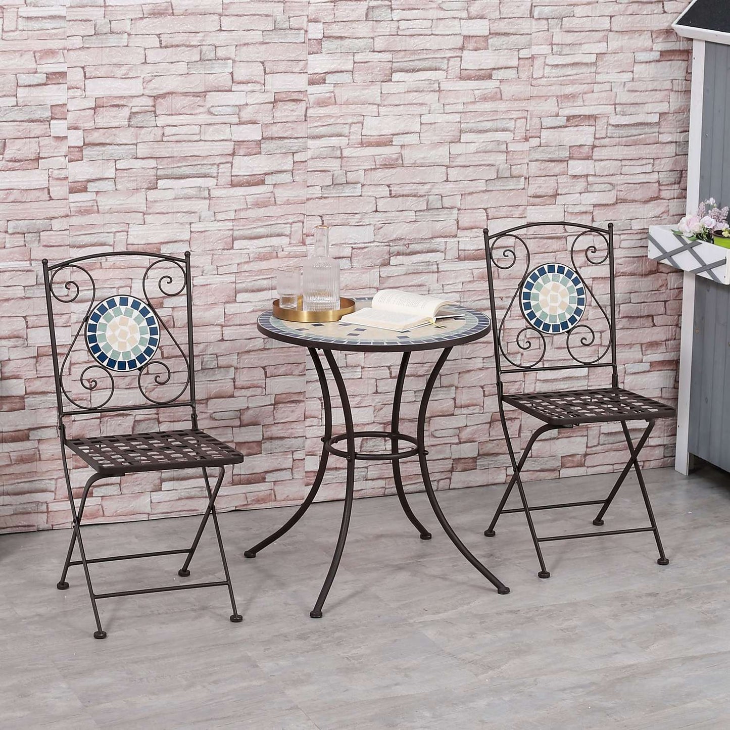 Bistro table set for 2, mosaic stone, weatherproof