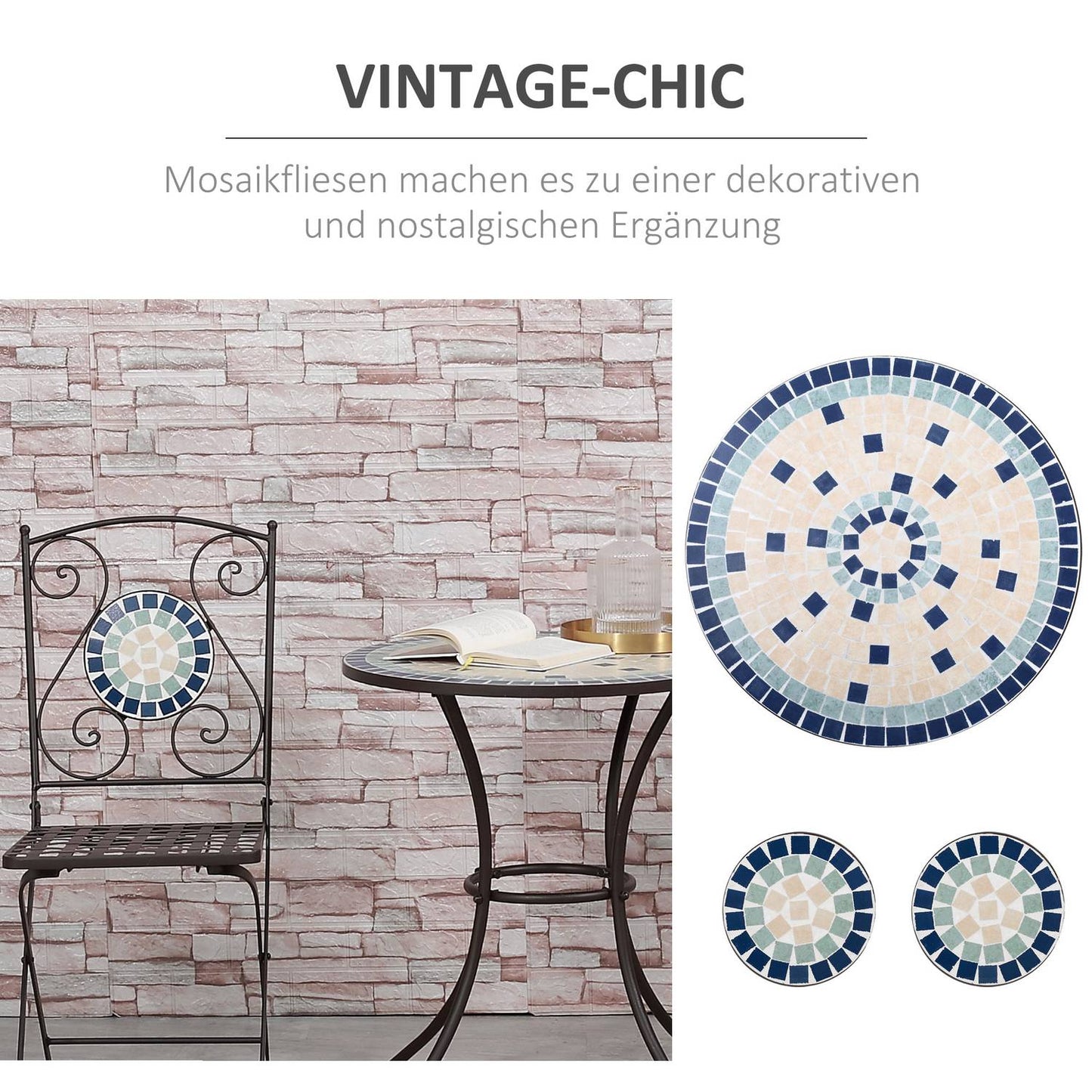 Bistro table set for 2, mosaic stone, weatherproof
