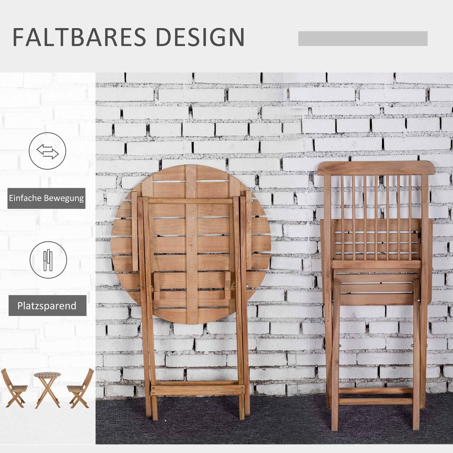 Folding wooden bistro set for 2, natural finish