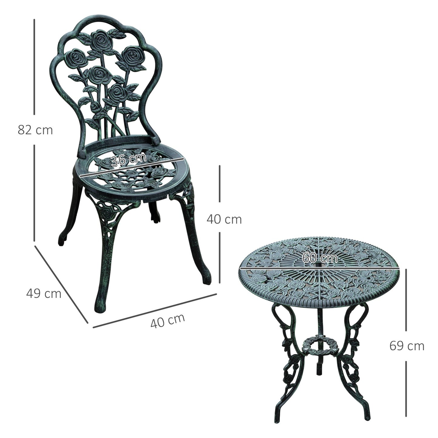 3-piece cast aluminum bistro set - antique green garden furniture