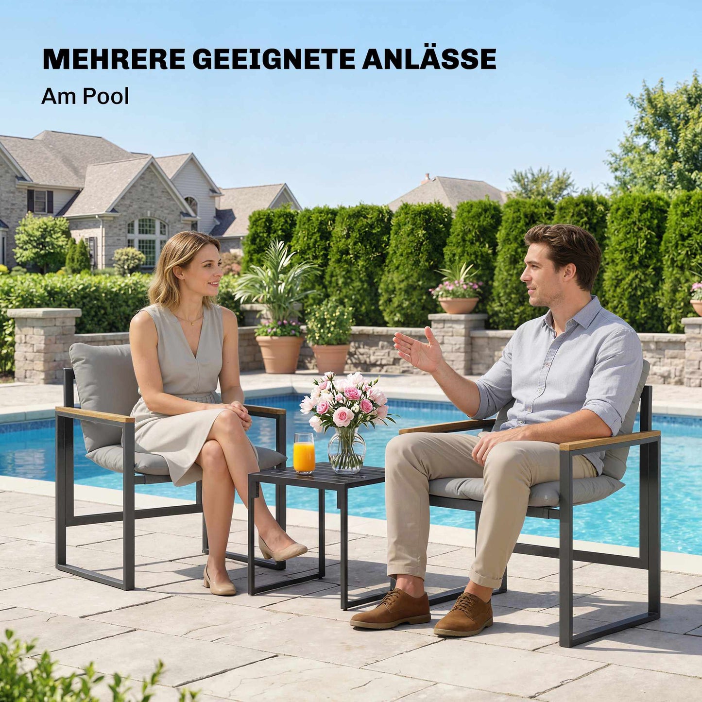 Bistro Set with Cushioned Chairs and Table, Black/Gray
