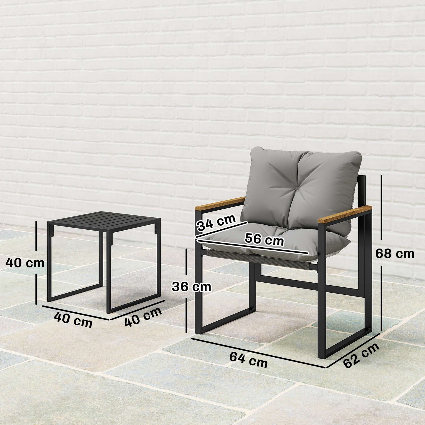 Bistro Set with Cushioned Chairs and Table, Black/Gray