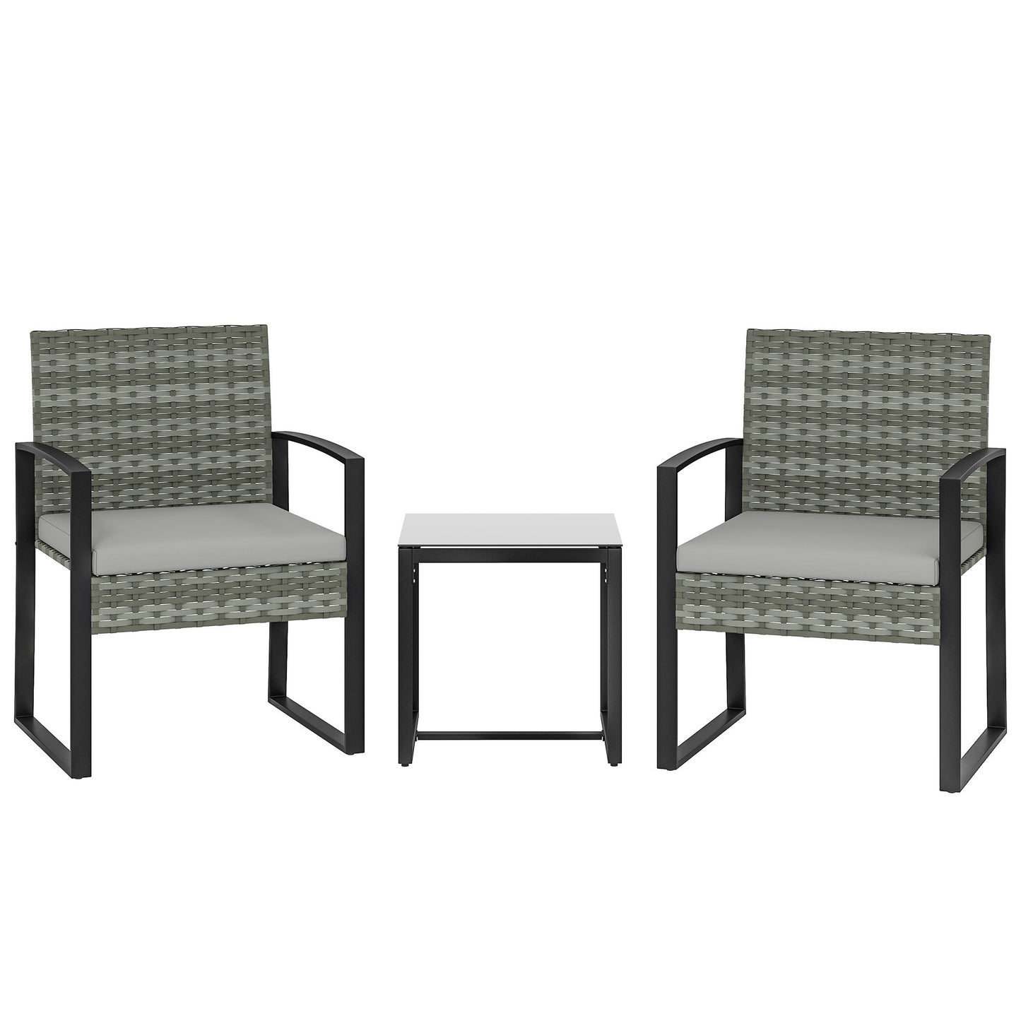 Bistro Set with Cushions, PE Rattan, Glass Tabletop