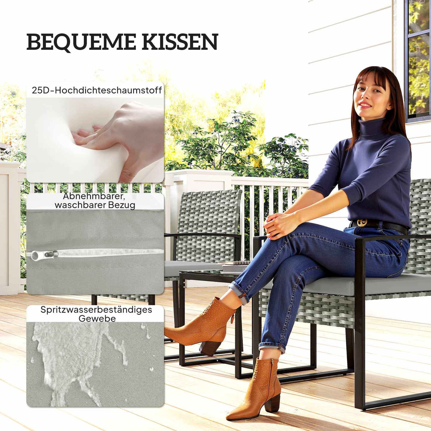 Bistro Set with Cushions, PE Rattan, Glass Tabletop
