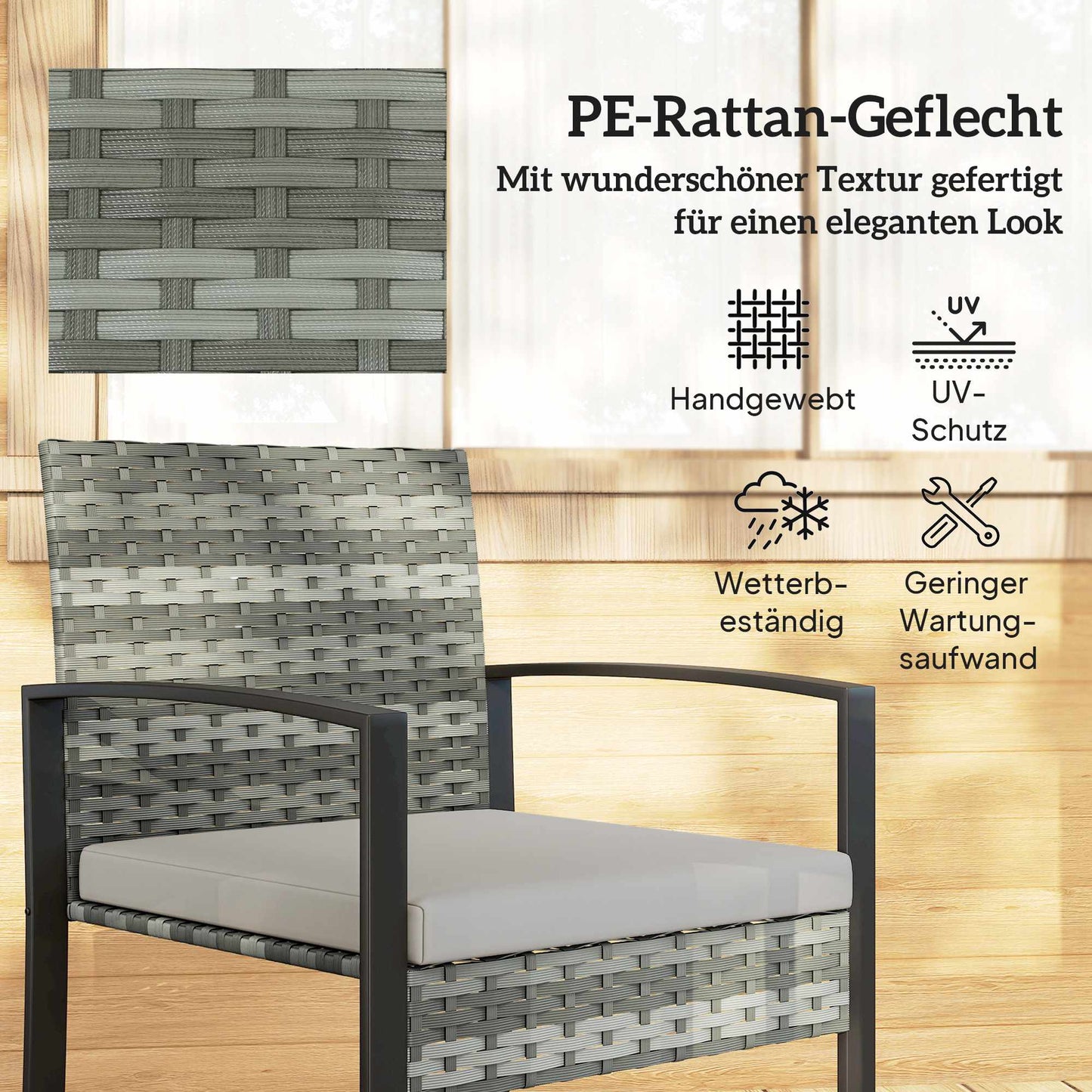 Bistro Set with Cushions, PE Rattan, Glass Tabletop