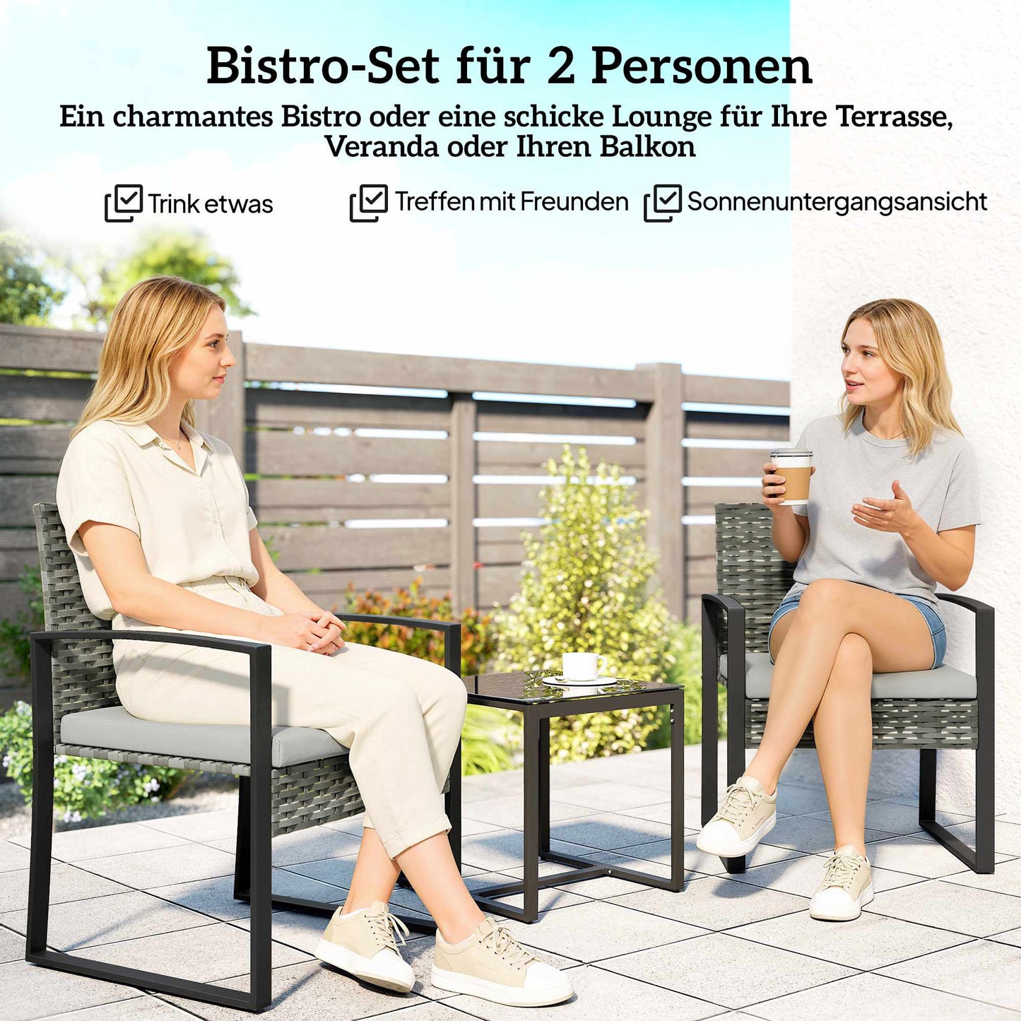 Bistro Set with Cushions, PE Rattan, Glass Tabletop