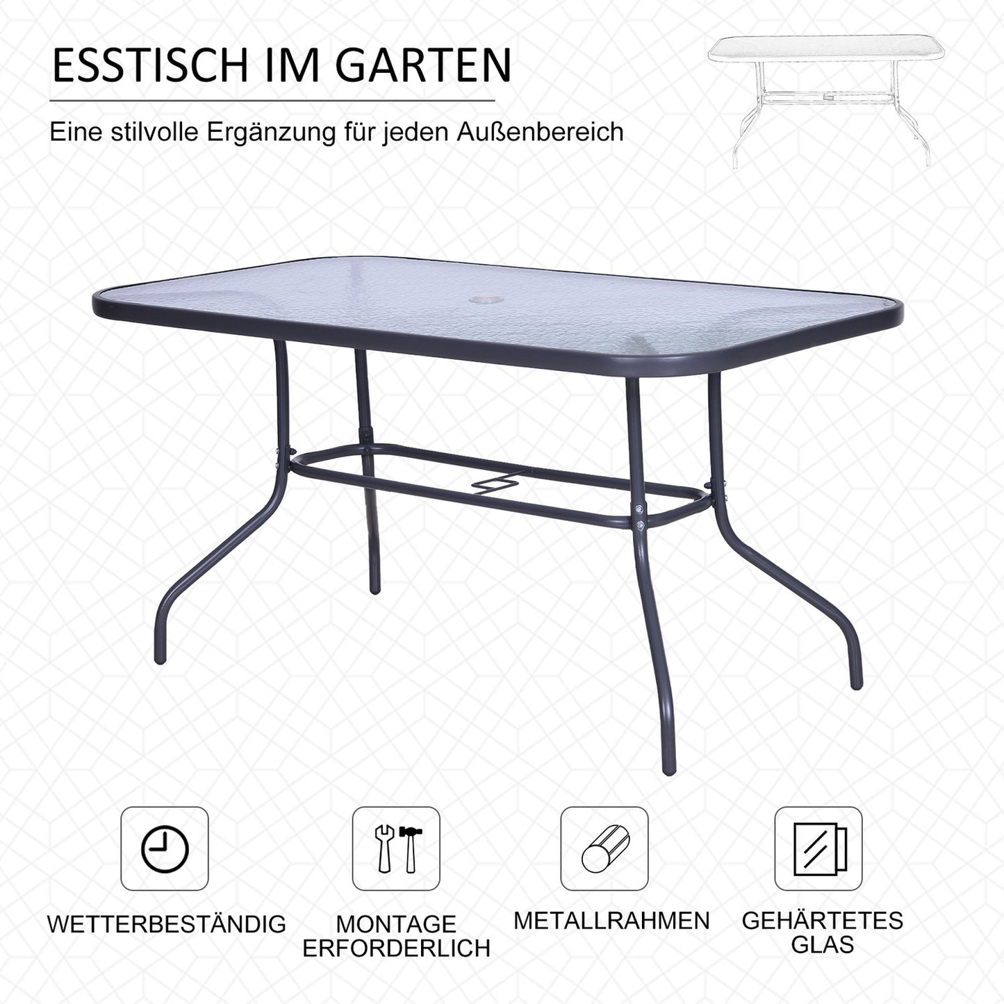 Garden bistro table, Top in tempered glass, 140x80x70 Cm
