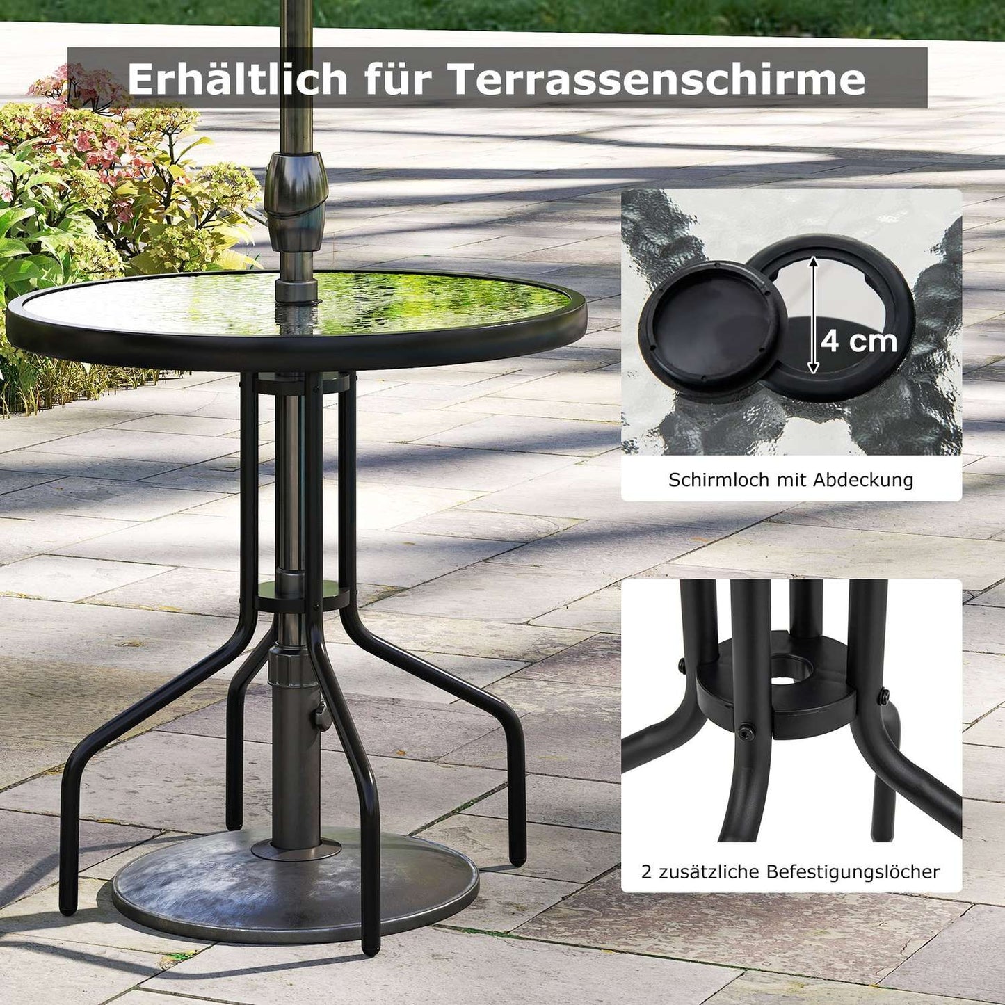 Bistro Table with Umbrella Hole, 70cm Glass Top
