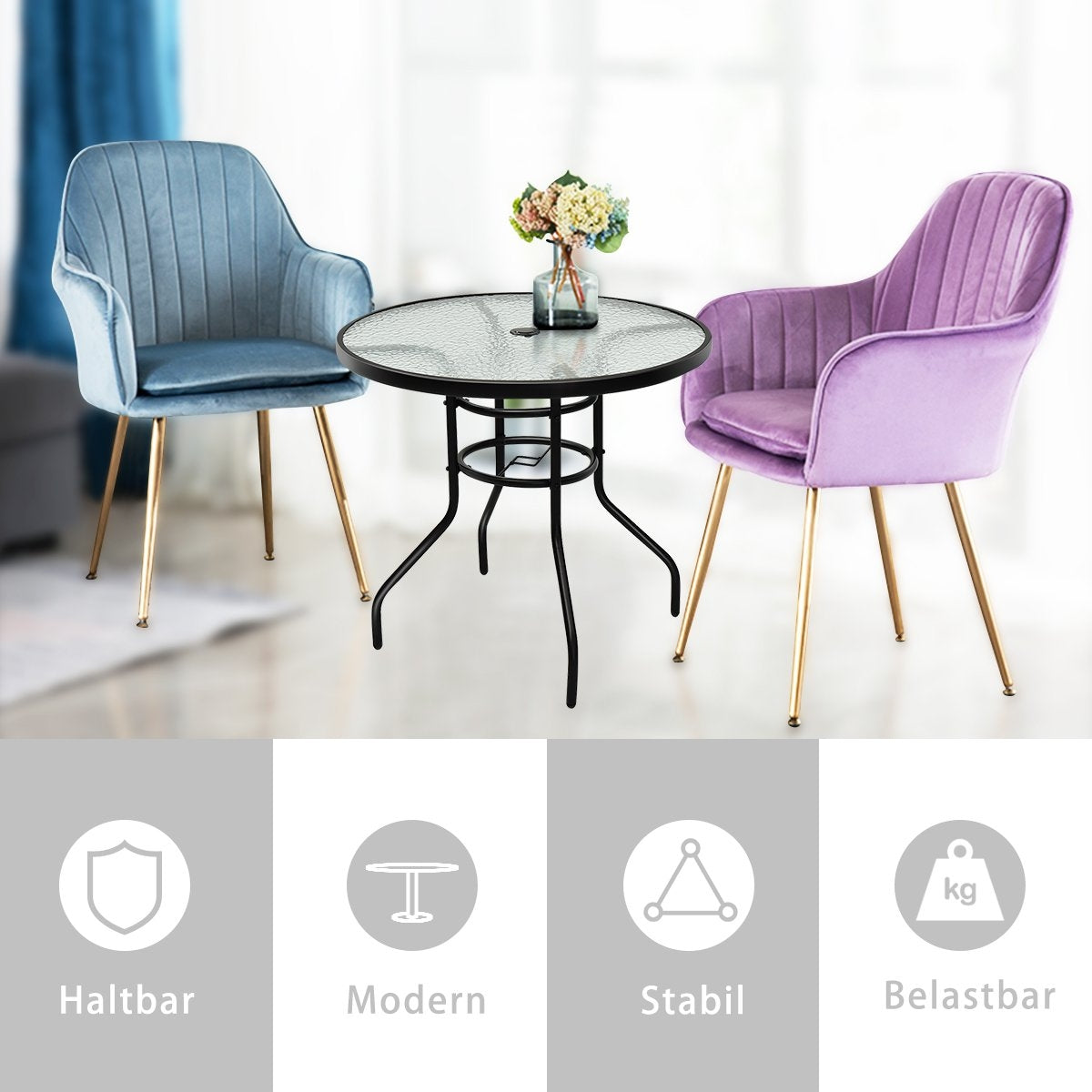 Bistro table made of metal with umbrella hole and thickened glass top garden table glass table black
