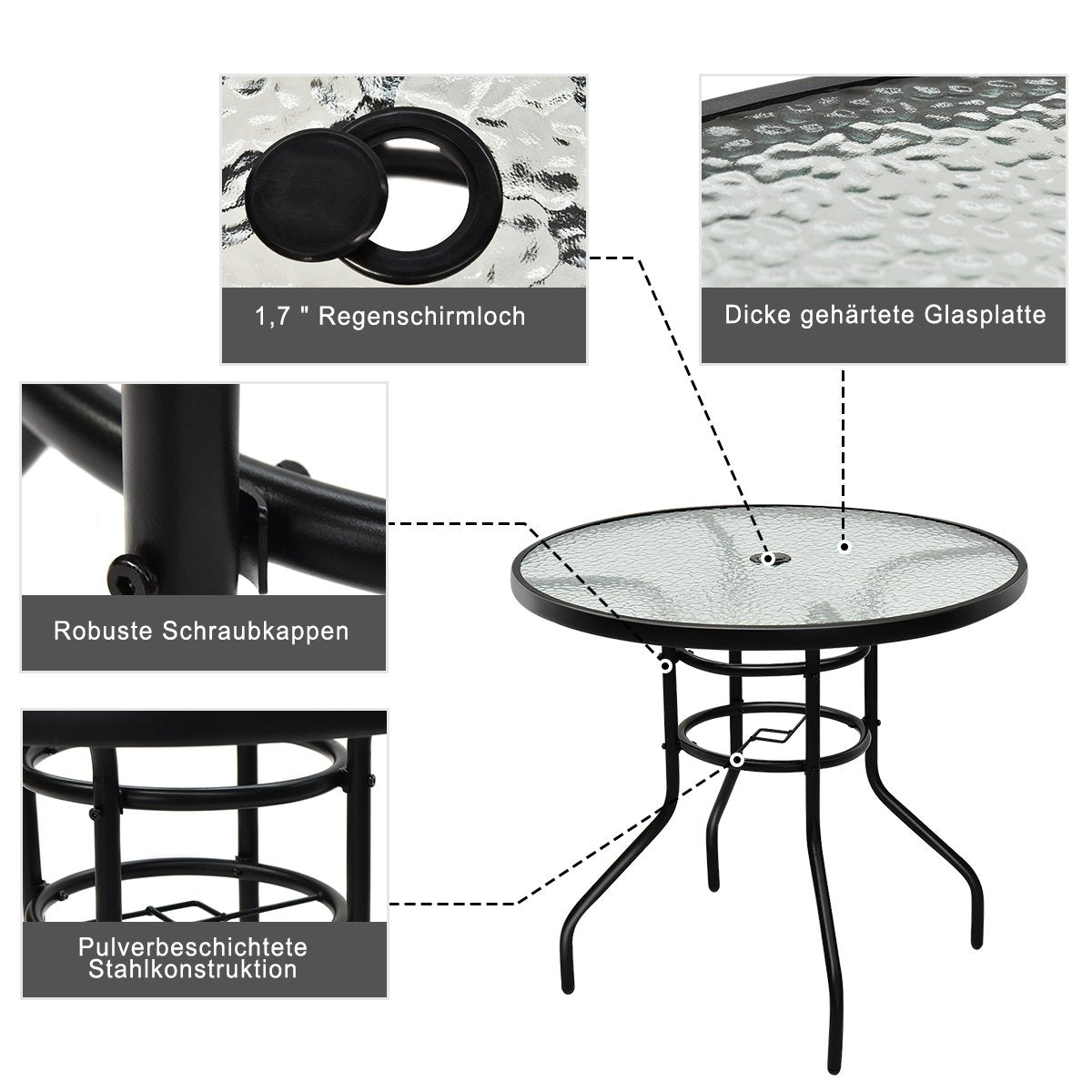 Bistro table made of metal with umbrella hole and thickened glass top garden table glass table black