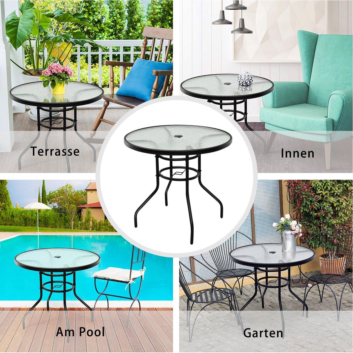Bistro table made of metal with umbrella hole and thickened glass top garden table glass table black
