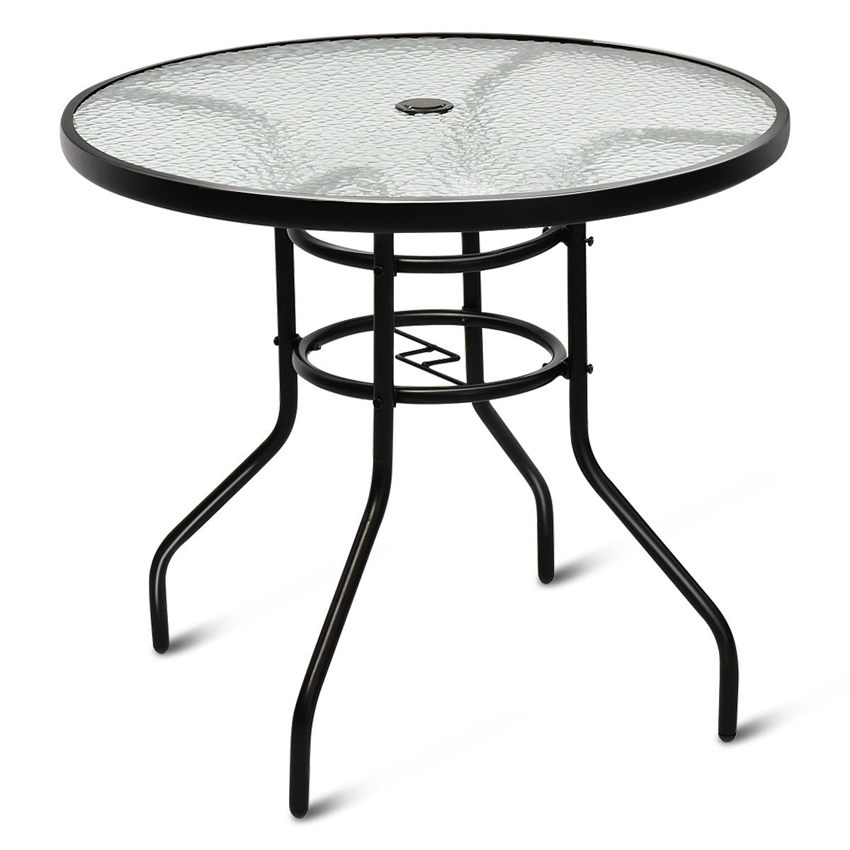 Bistro table made of metal with umbrella hole and thickened glass top garden table glass table black