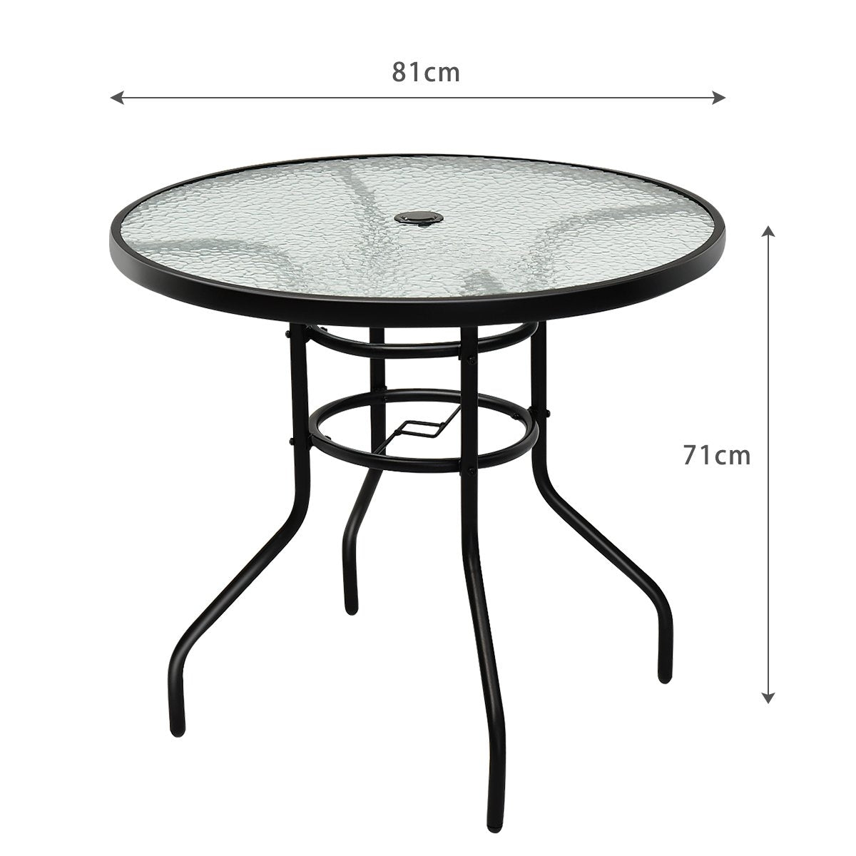 Bistro table made of metal with umbrella hole and thickened glass top garden table glass table black