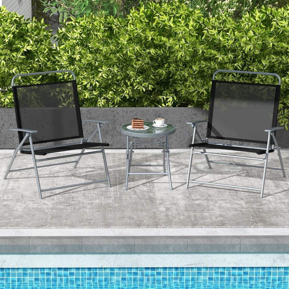 Bistro table with 2 chairs Folding balcony set 3-piece garden furniture set with metal frame