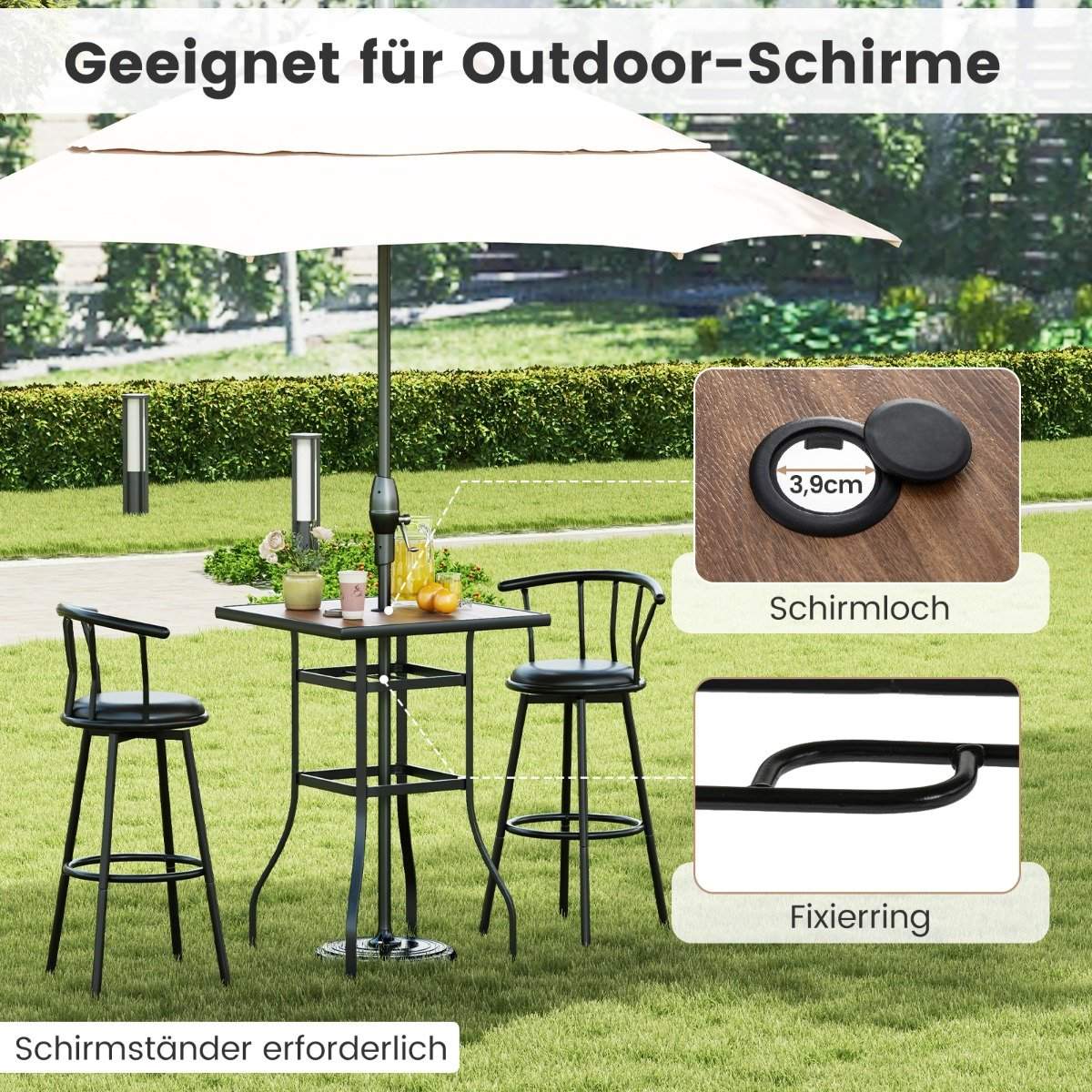 Bistro table with umbrella hole & table top in wood look. Garden table. Square balcony table