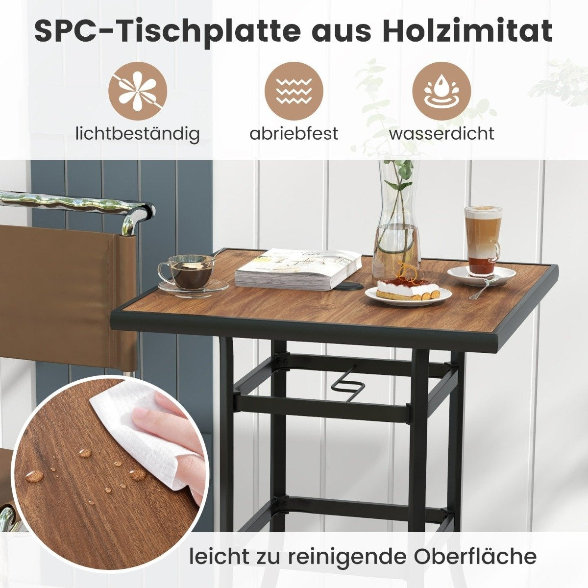 Bistro table with umbrella hole & table top in wood look. Garden table. Square balcony table