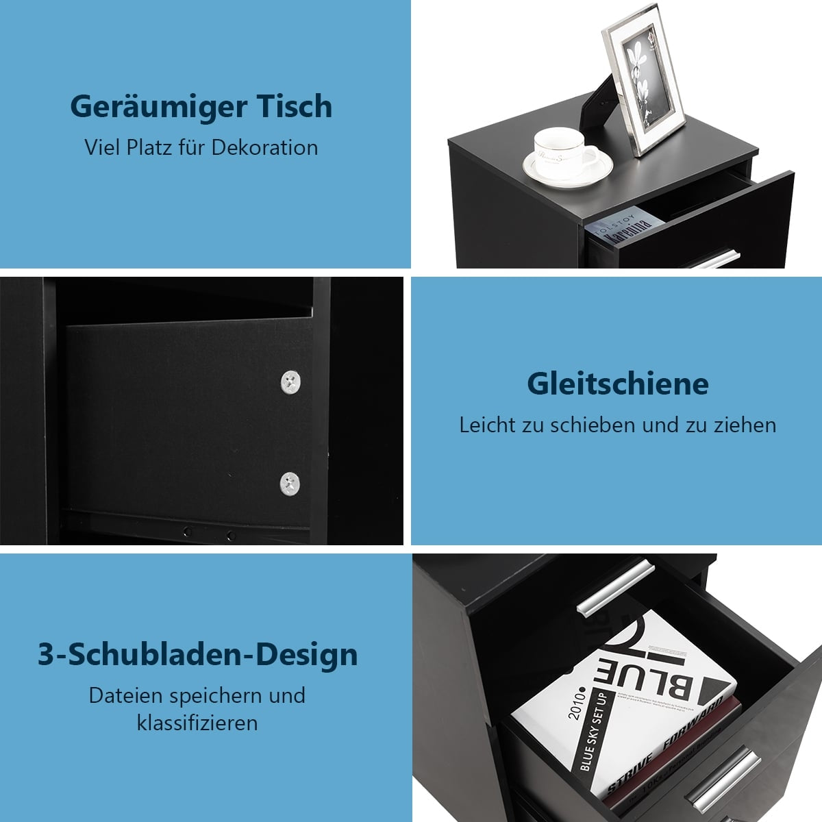 Black 3-Drawer Nightstand Set, 37x34x66.5 cm