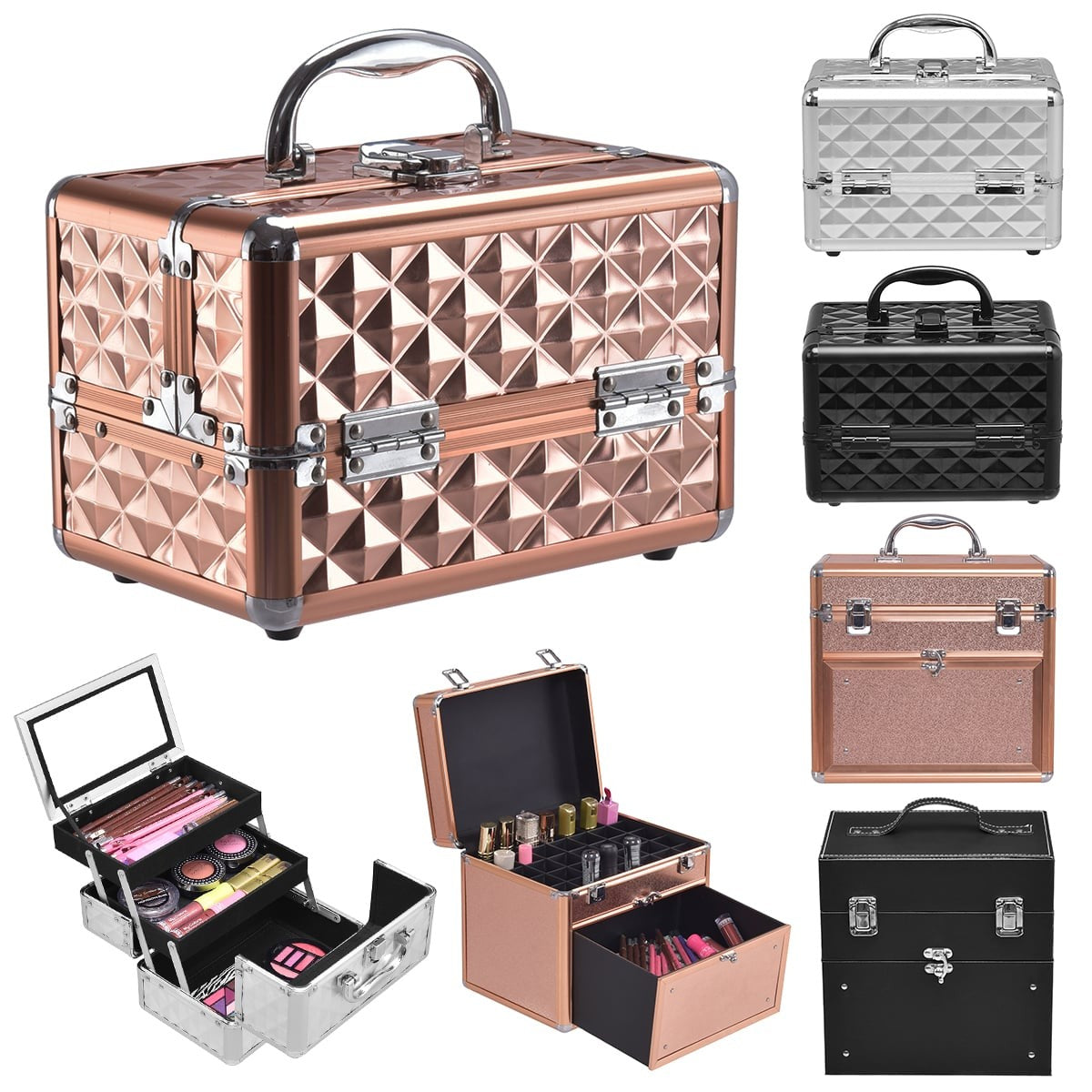 Black Aluminum Makeup Case with Mirror – 2 Trays, Portable
