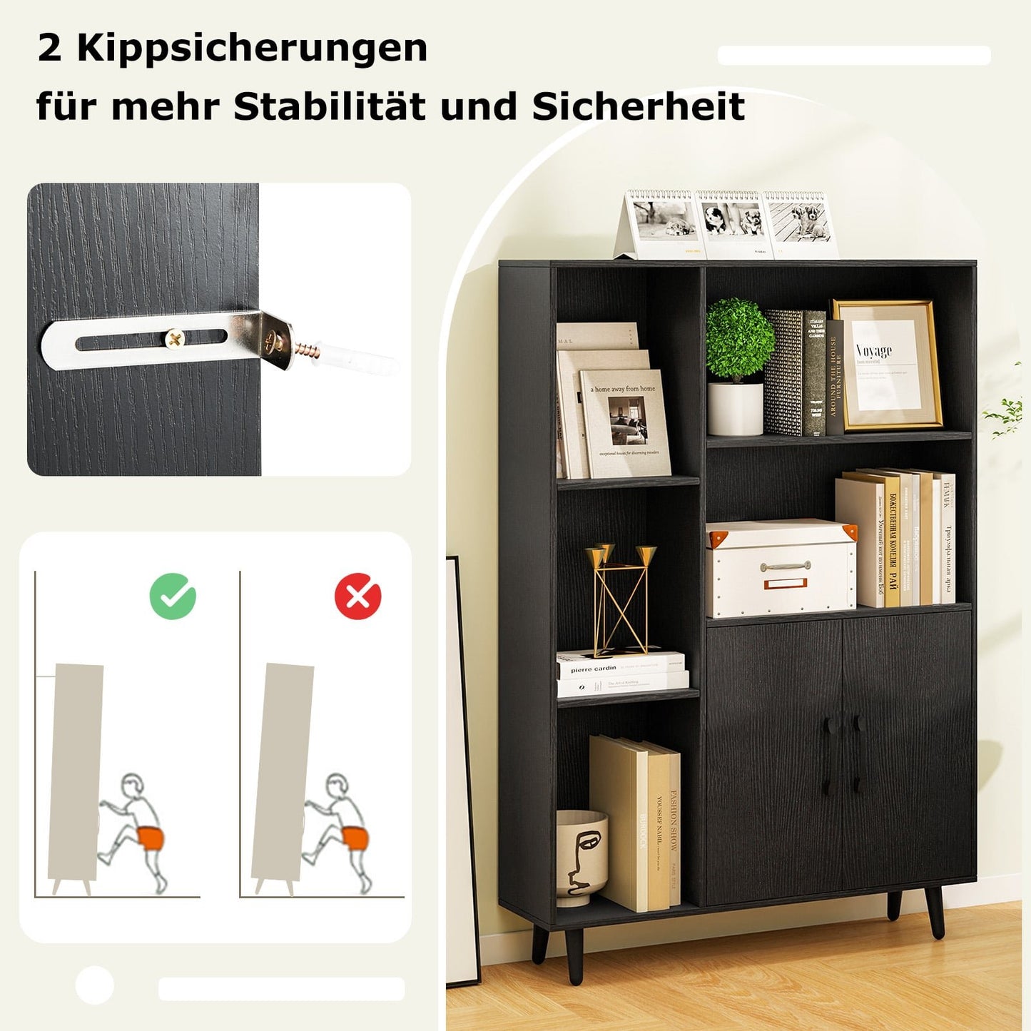 Black Bookshelf with Doors & Open Shelves, 5-Tier Storage