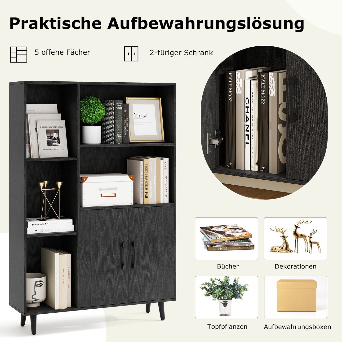 Black Bookshelf with Doors & Open Shelves, 5-Tier Storage