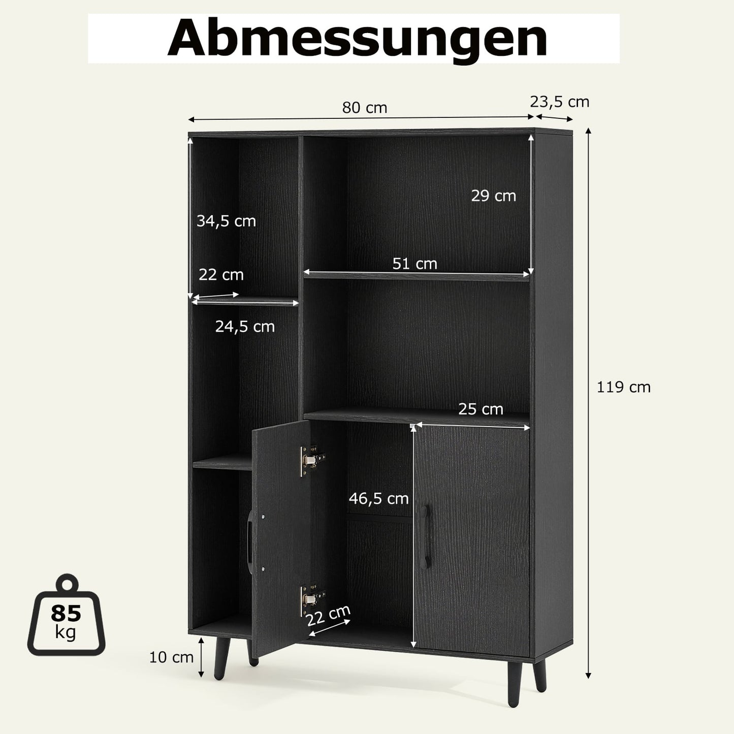 Black Bookshelf with Doors & Open Shelves, 5-Tier Storage