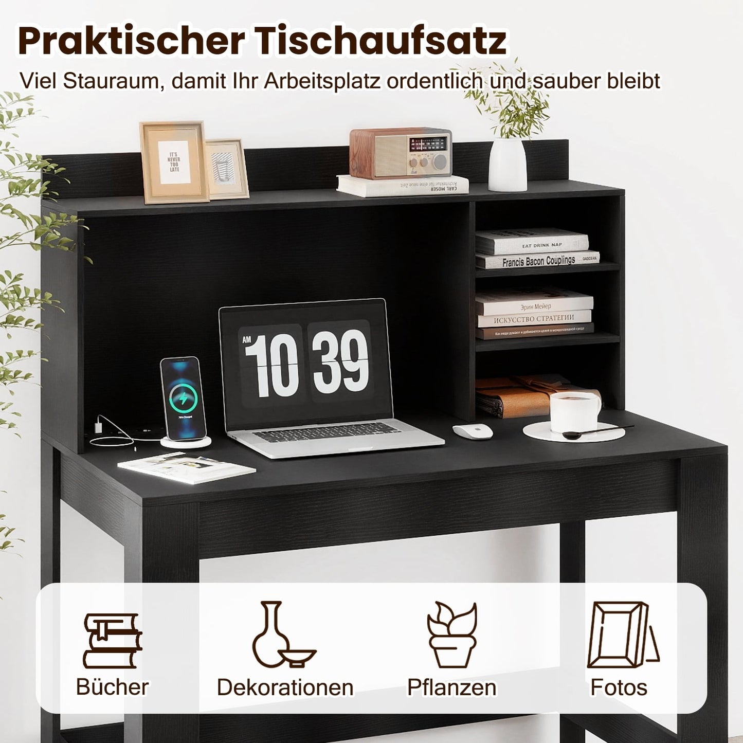 Black Computer Desk with Hutch, Power Outlets & Cable Management