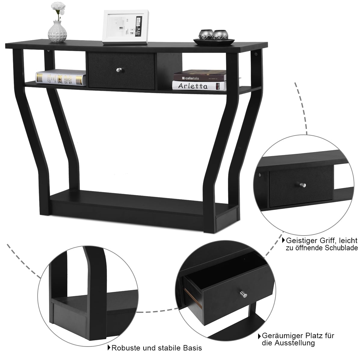 Black Console Table with Drawer and Shelf – 120 x 30 x 81 cm