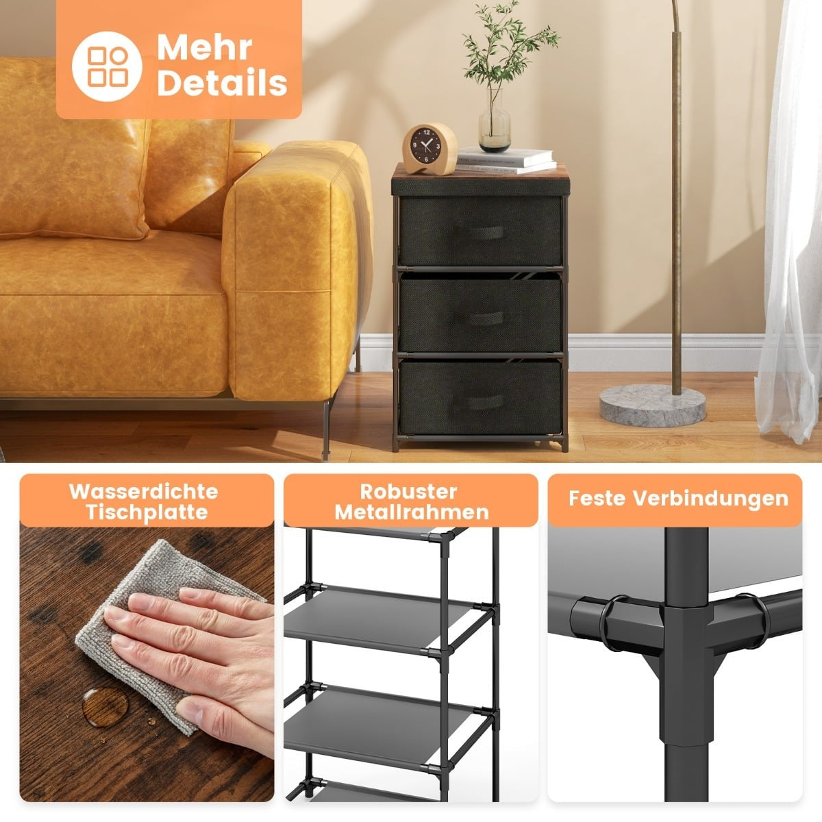 Black Fabric Drawer Nightstand, Metal Frame, Set of 2