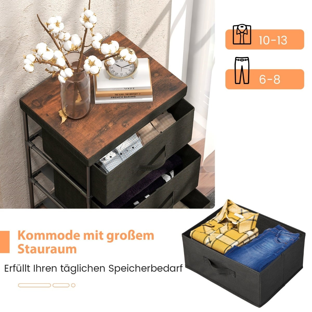 Black Fabric Drawer Nightstand, Metal Frame, Set of 2