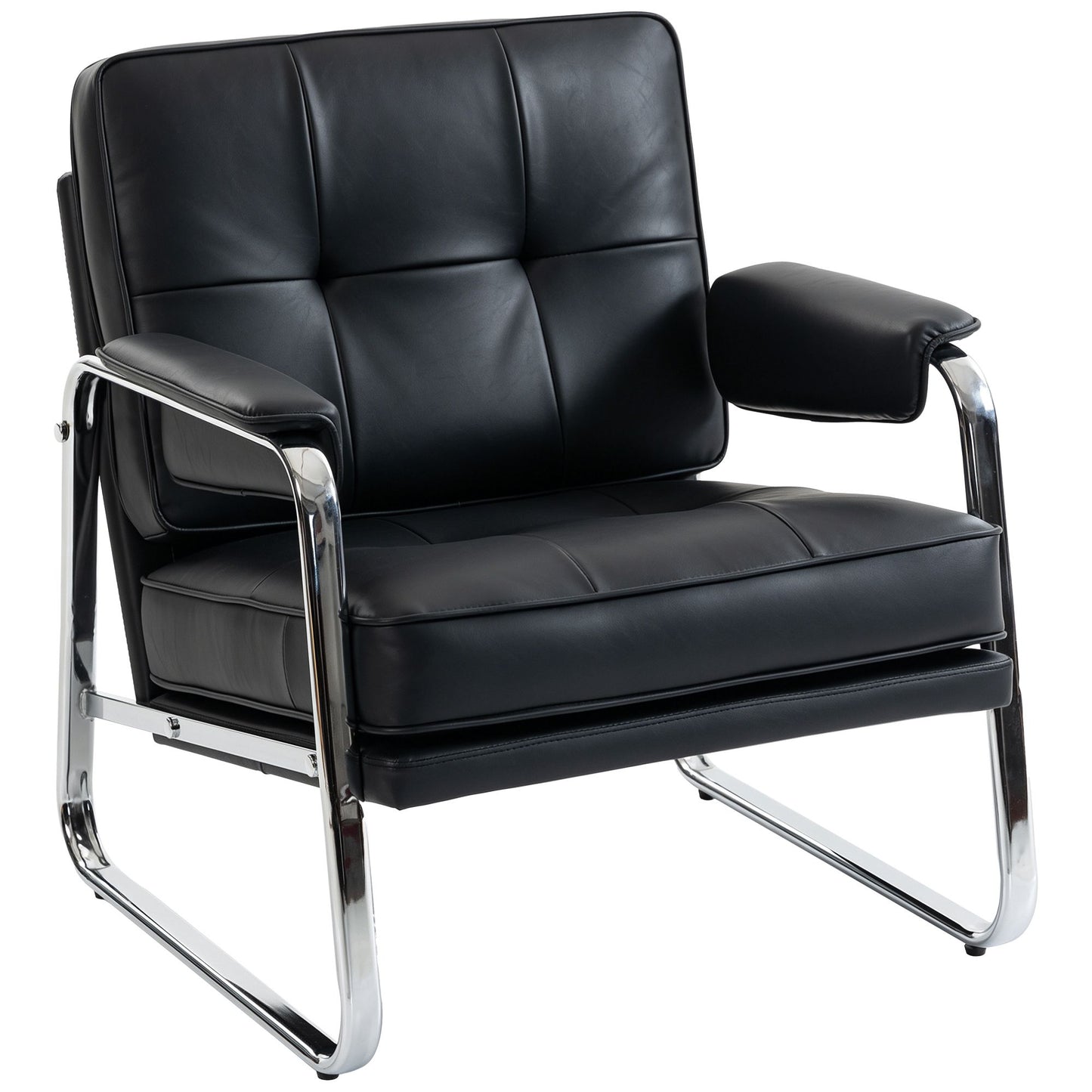 Black Faux Leather Lounge Chair with Armrests, Steel Legs