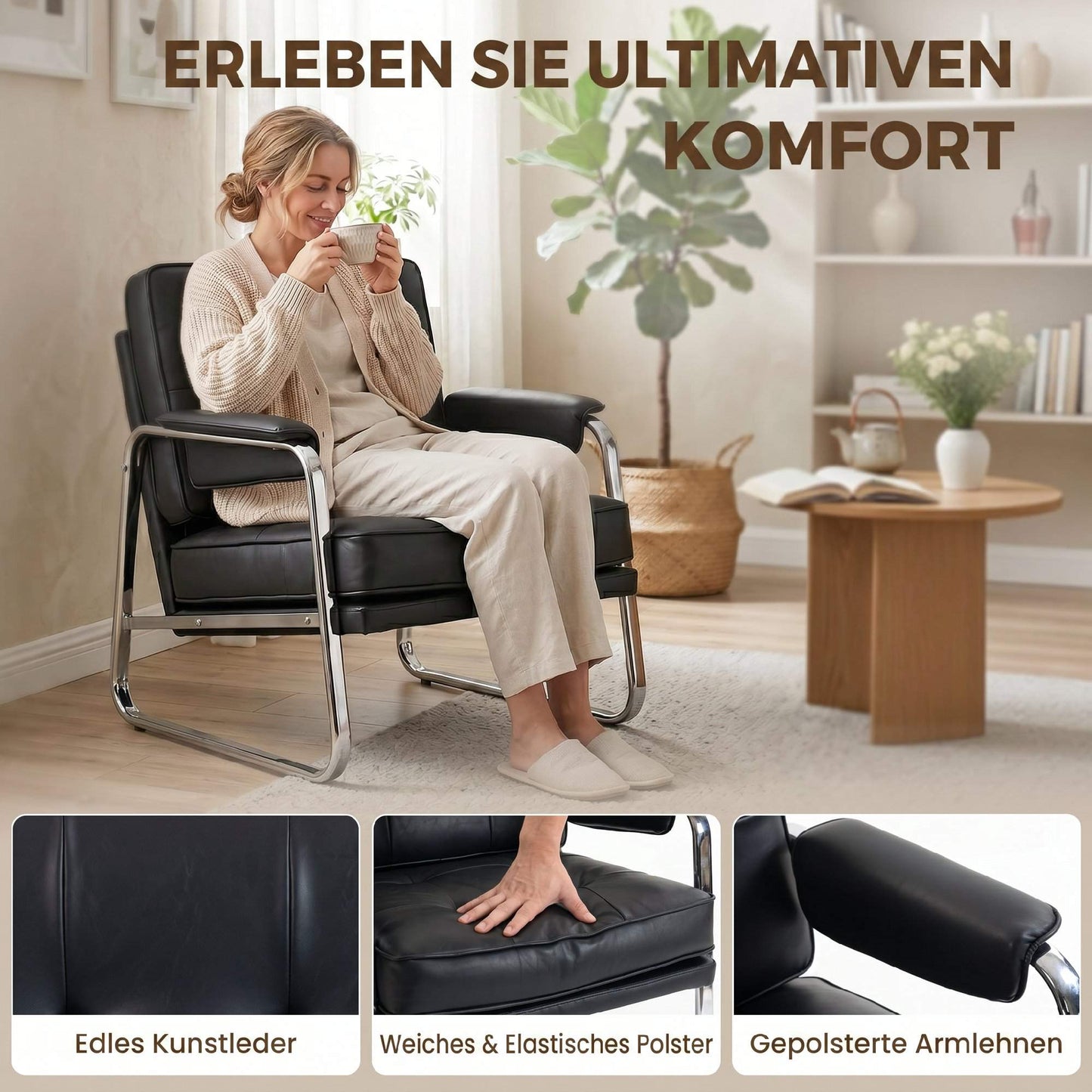 Black Faux Leather Lounge Chair with Armrests, Steel Legs