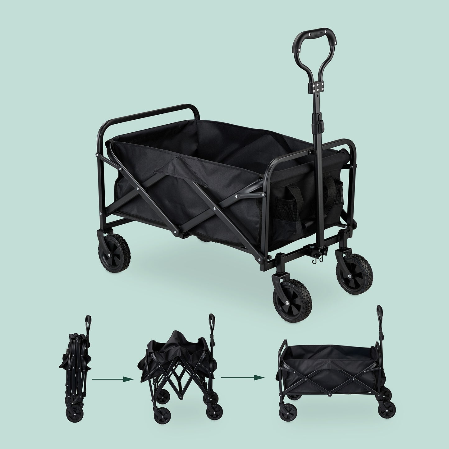 Black Folding Garden Cart with Rubber Wheels