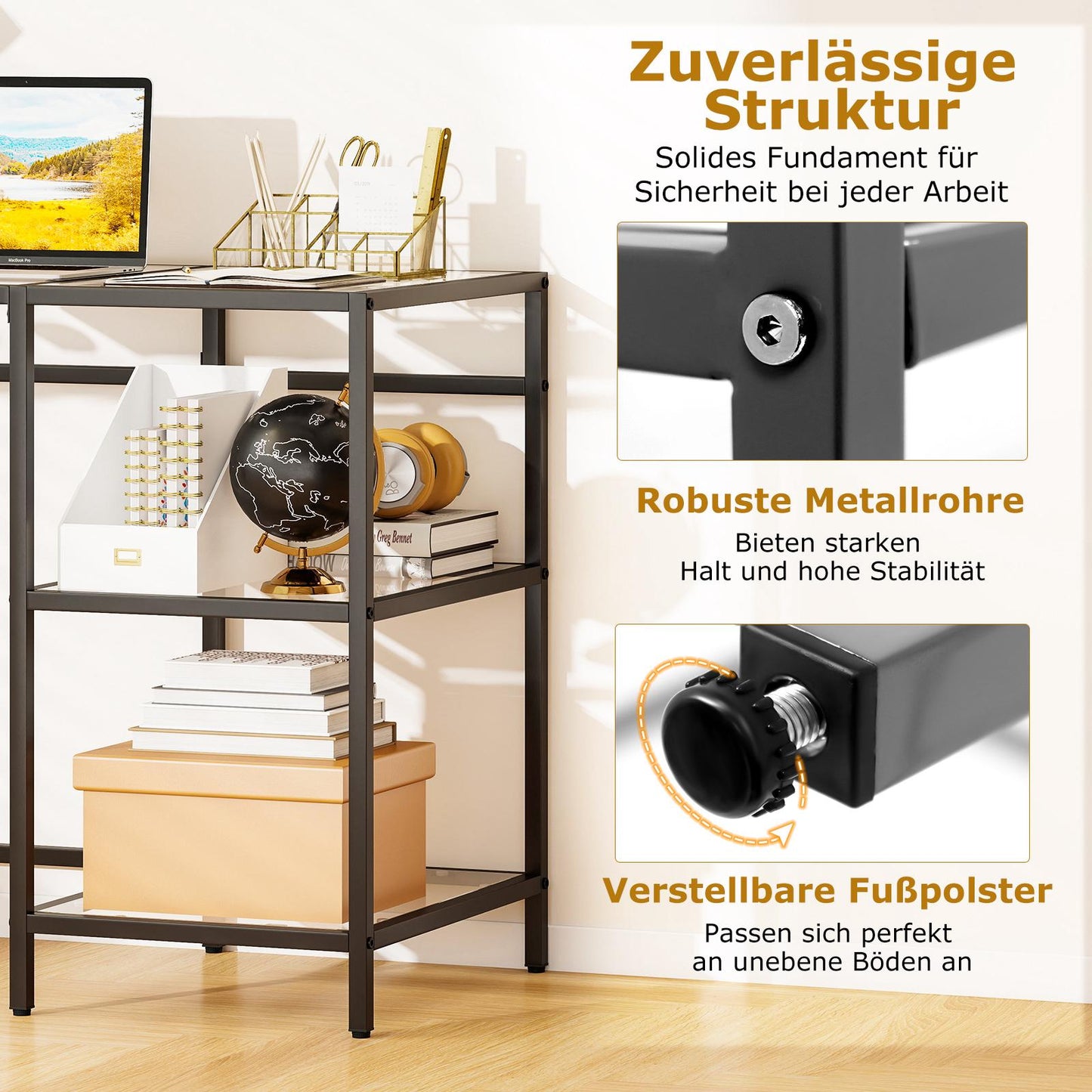 Black Glass Computer Desk with Metal Frame, 106x51x76 cm