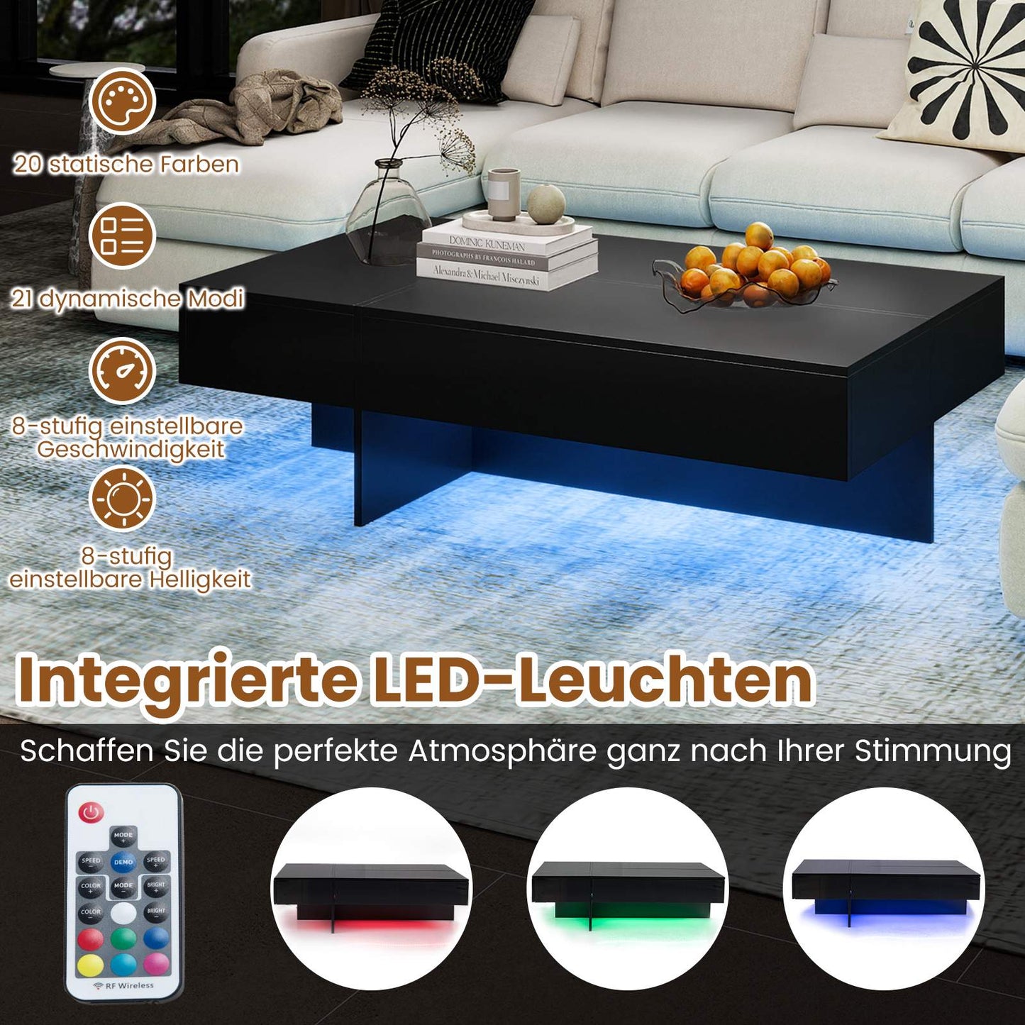 Black High-Gloss Coffee Table with LED Lights & 3 Drawers