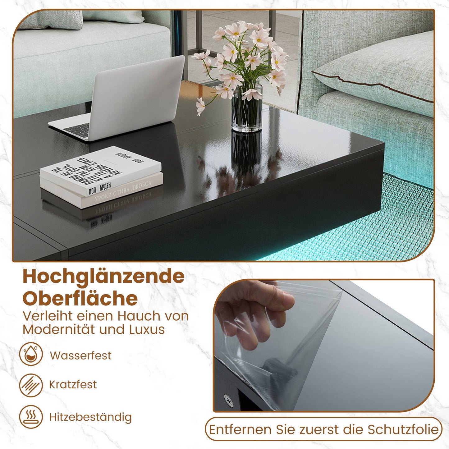 Black High-Gloss Coffee Table with LED Lights & 3 Drawers