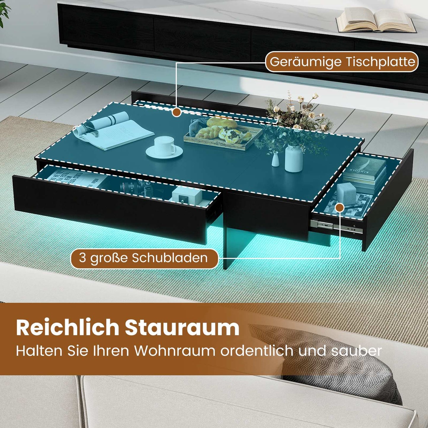 Black High-Gloss Coffee Table with LED Lights & 3 Drawers