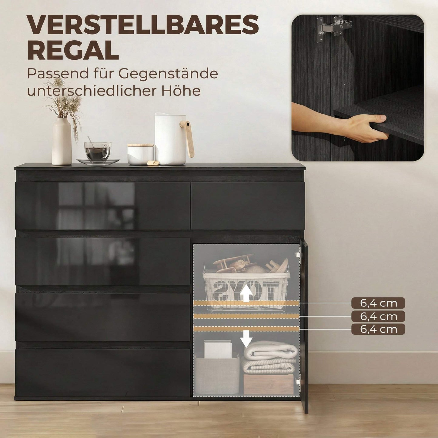 Black High Gloss Sideboard with 5 Drawers & Adjustable Shelf