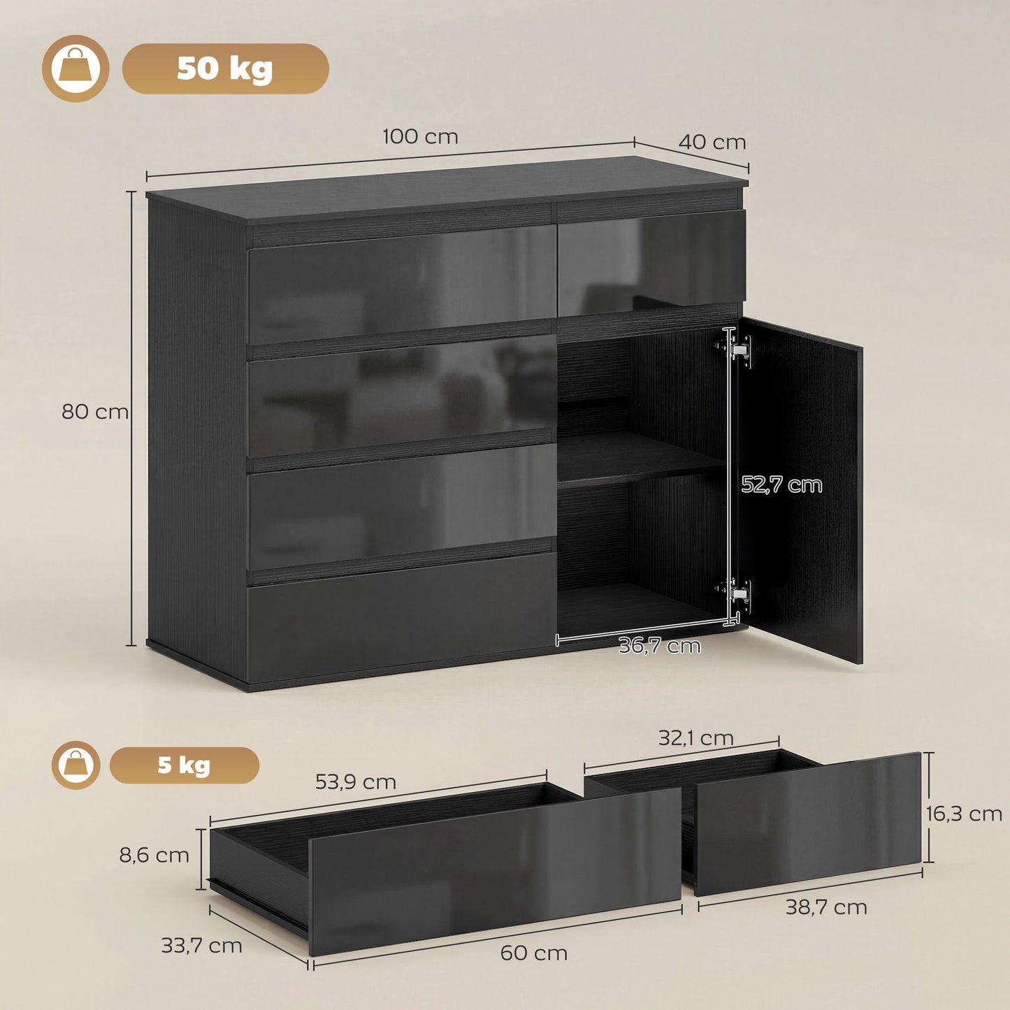 Black High Gloss Sideboard with 5 Drawers & Adjustable Shelf