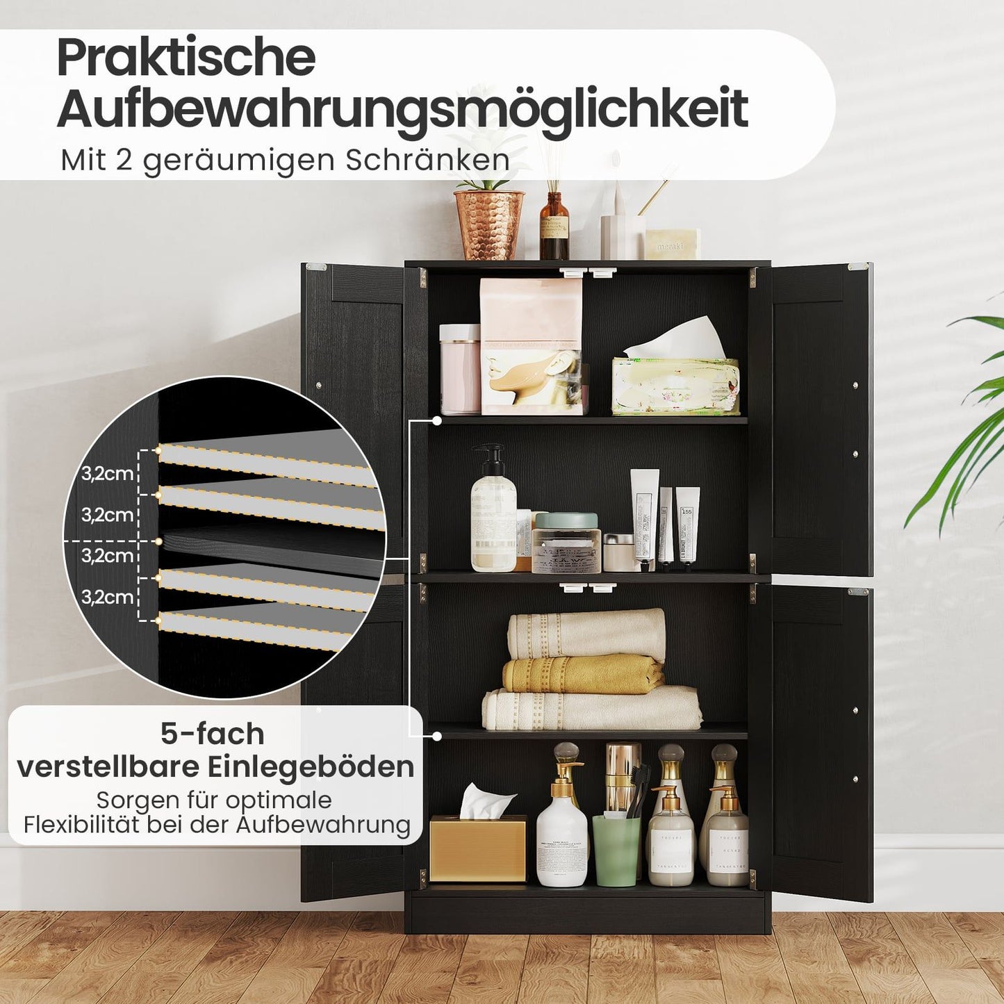 Black Kitchen Cabinet with 4 Doors & Adjustable Shelves