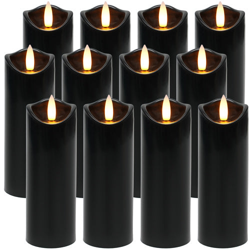 Black LED Candles, 12 Pack, 15cm, Flickering Flame Effect