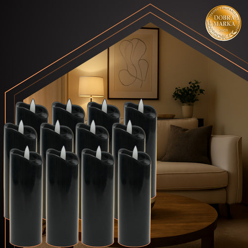 Black LED Candles, 12 Pack, 15cm, Flickering Flame Effect