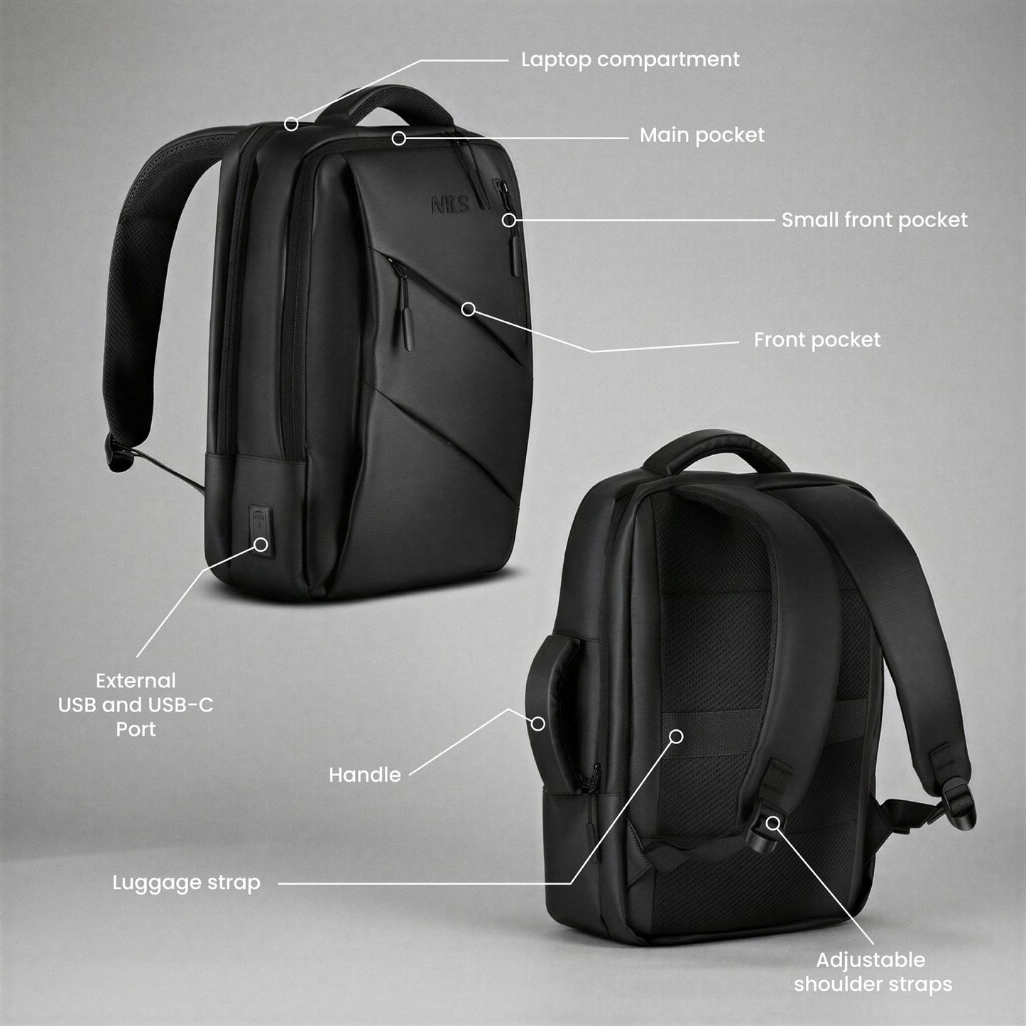 Black Laptop Backpack, USB-C Port, 15L Capacity