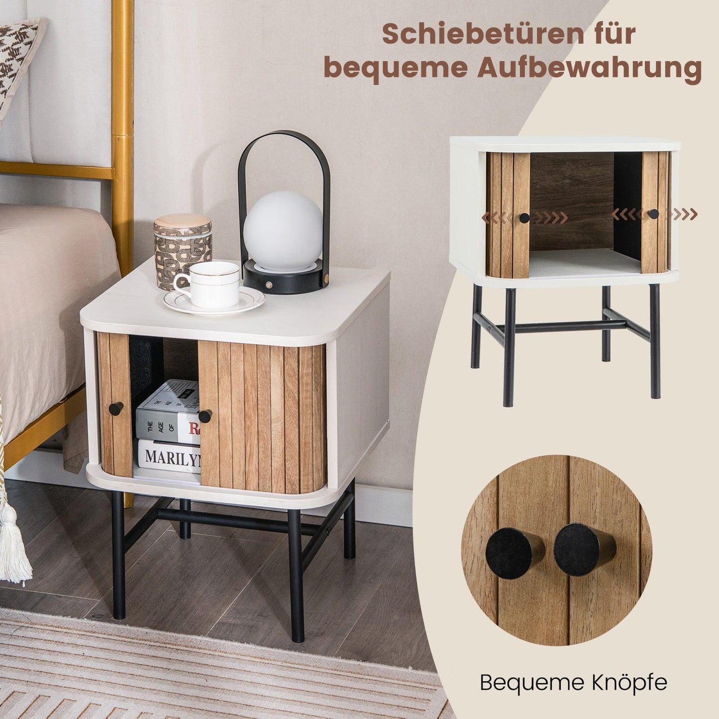 Black Nightstand Set with Sliding Doors, Storage Space